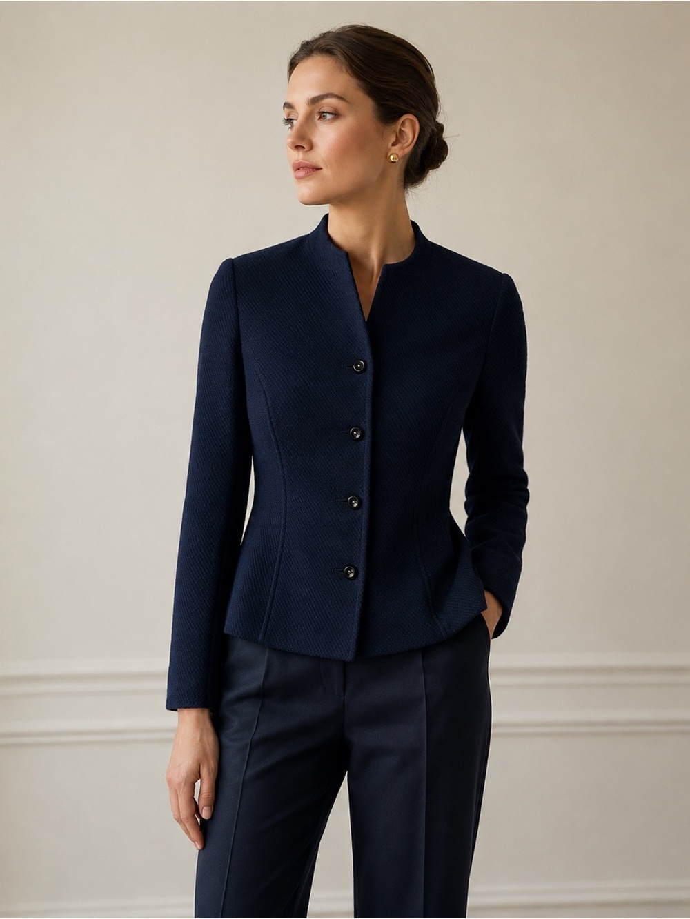 Episode Size 2 Wool Floral Blazer Jacket Navy Long Sleeve Quiet Luxury Business